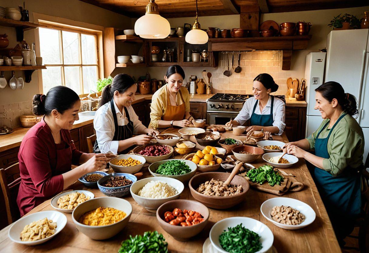 A cozy kitchen scene filled with diverse people joyfully cooking and sharing traditional recipes, surrounded by cultural artifacts and family heirlooms. A large wooden table brimming with colorful dishes signifies the bond of sharing meals. Warm lighting adds to the inviting atmosphere, capturing the essence of affection and community. super-realistic. warm colors. inviting ambiance.
