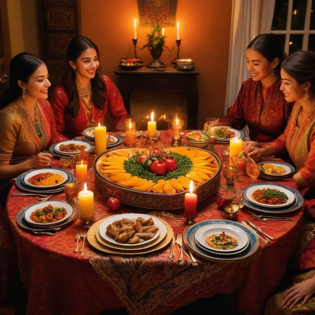 A heart-shaped table adorned with a variety of traditional dishes from around the world, surrounded by family and friends joyfully sharing a meal. Soft candlelight casts a warm glow, highlighting smiles and laughter. In the background, ethnic decor and vibrant colors convey a festive atmosphere of togetherness. super-realistic. warm tones. cozy ambiance.