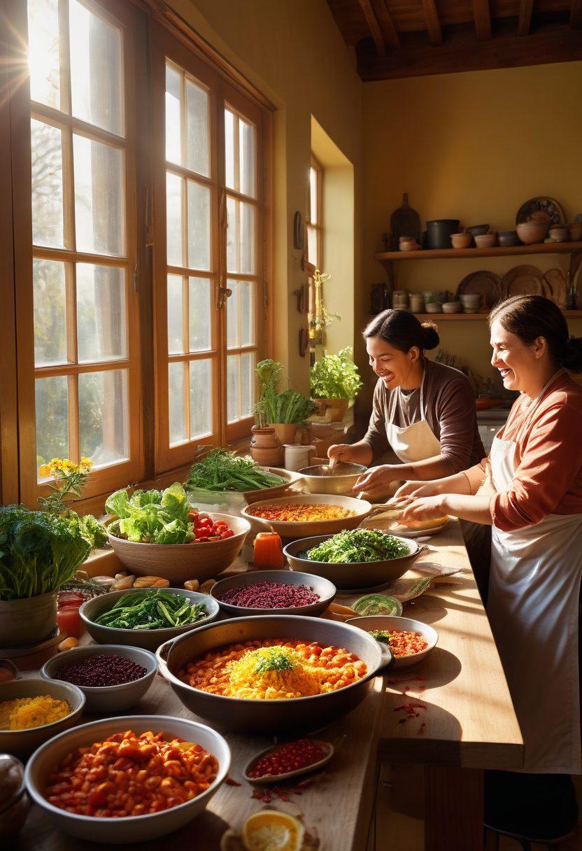 A warm, inviting kitchen scene with diverse people joyfully preparing a meal together, showcasing various cultural dishes on a large table. The atmosphere is filled with laughter, spices, and vibrant ingredients, reflecting a blend of culinary traditions that symbolize partnership and togetherness. Sunlight streams through the window, casting a golden hue over the scene. super-realistic. vibrant colors. warm tones.